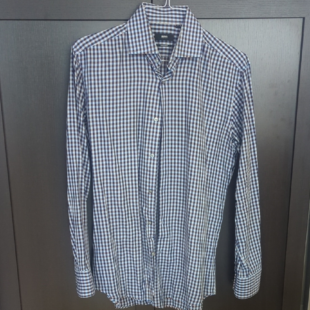 Men's Hugo Boss Black & Blue Regular Fit Gingham Button Down Shirt - Size 40